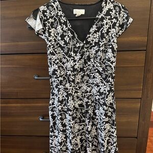 LOFT Black and White Sheath Midi Dress with Flutter Sleeves